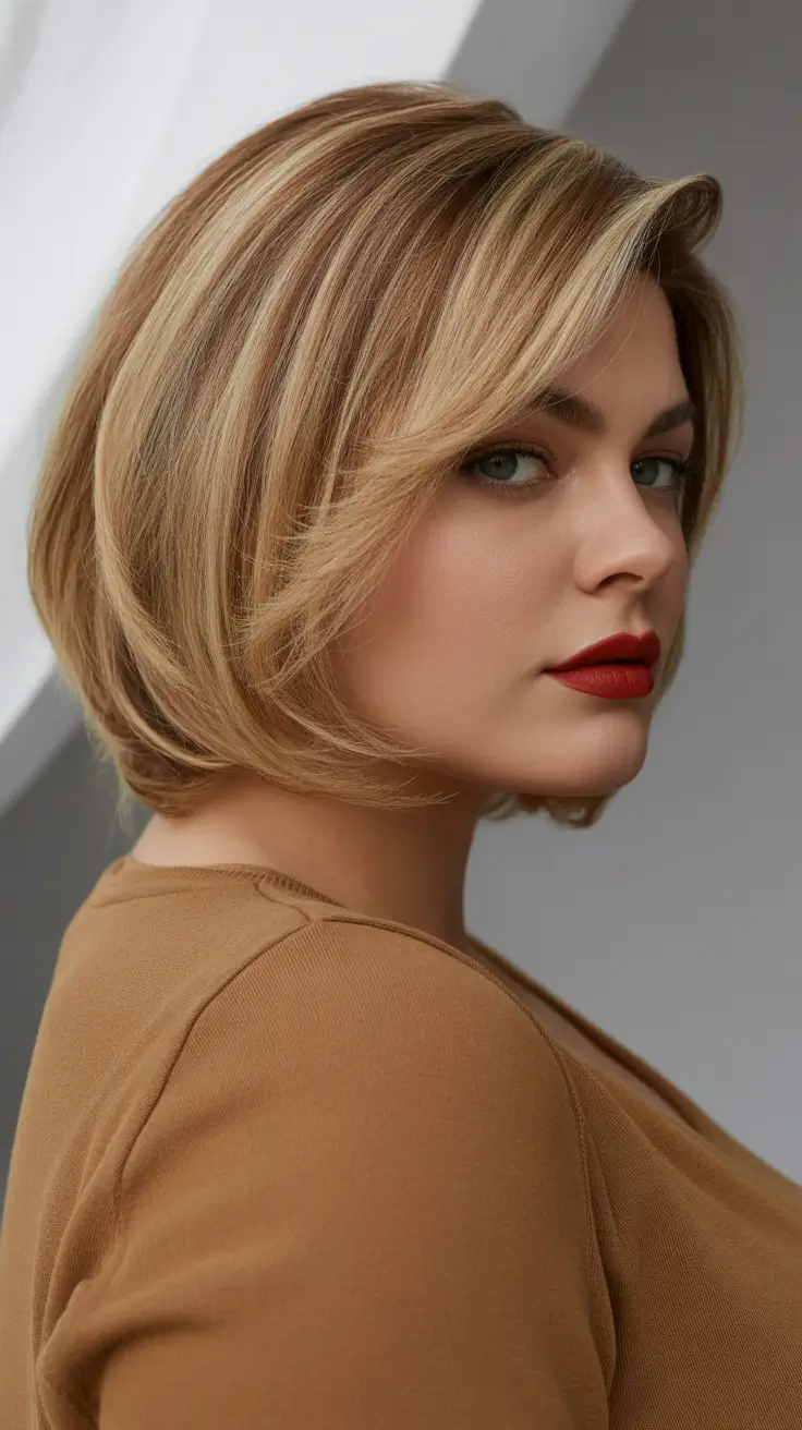 playful spring haircuts for chubby faces 2026 Golden Rounded Bob With Airy Side Sweep