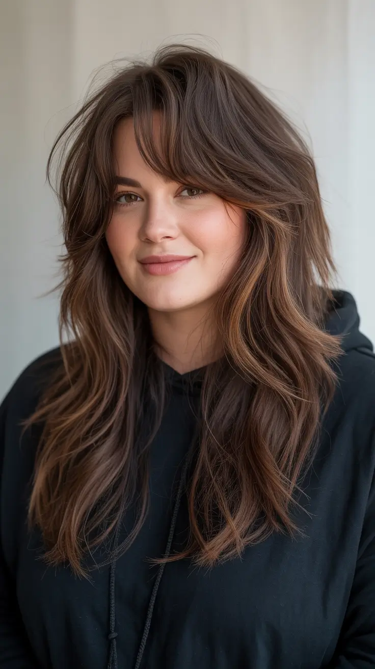 playful spring haircuts for chubby faces 2026 Long Shag Layers With Curtain Bangs And Springy Movement