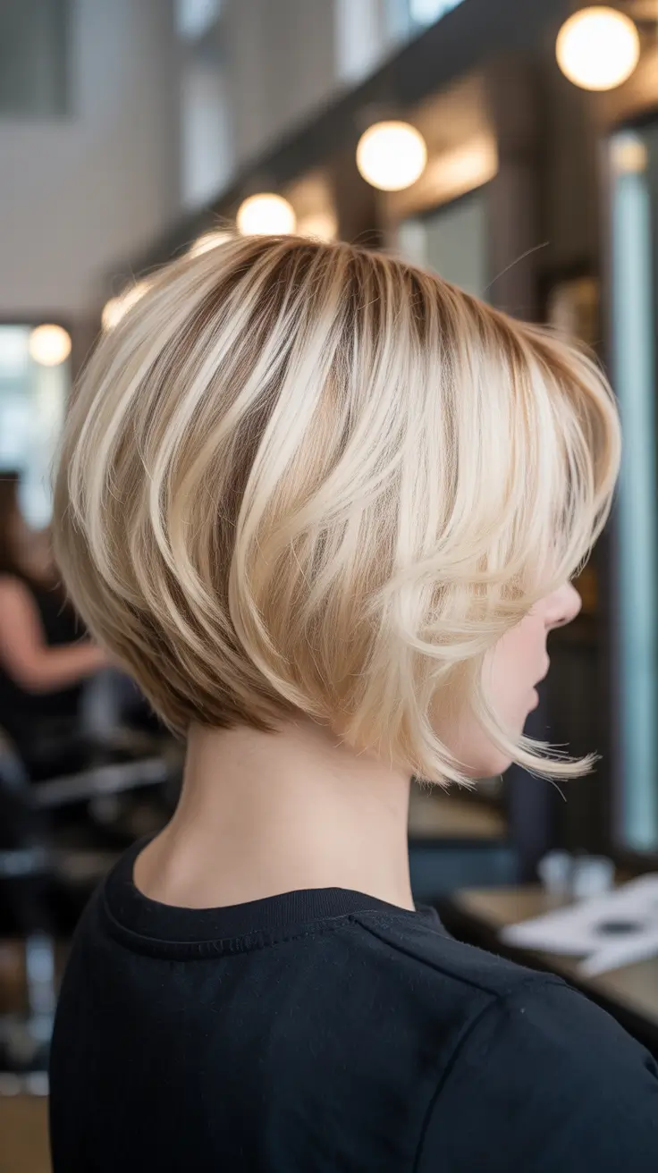 playful spring haircuts for chubby faces 2026 + Buttercream Stacked Bob With Swingy Side Fringe