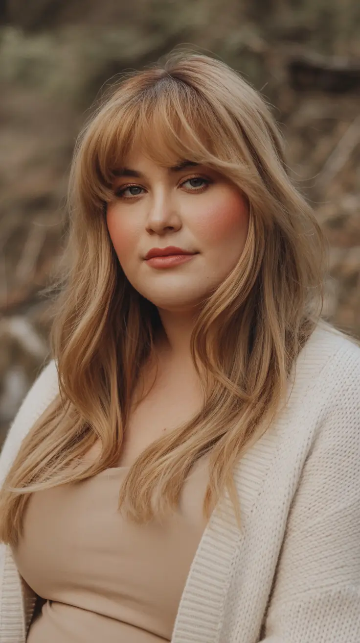 playful spring haircuts for chubby faces 2026 + Soft Long Layers With Full Fringe And Warm Honey Dimension