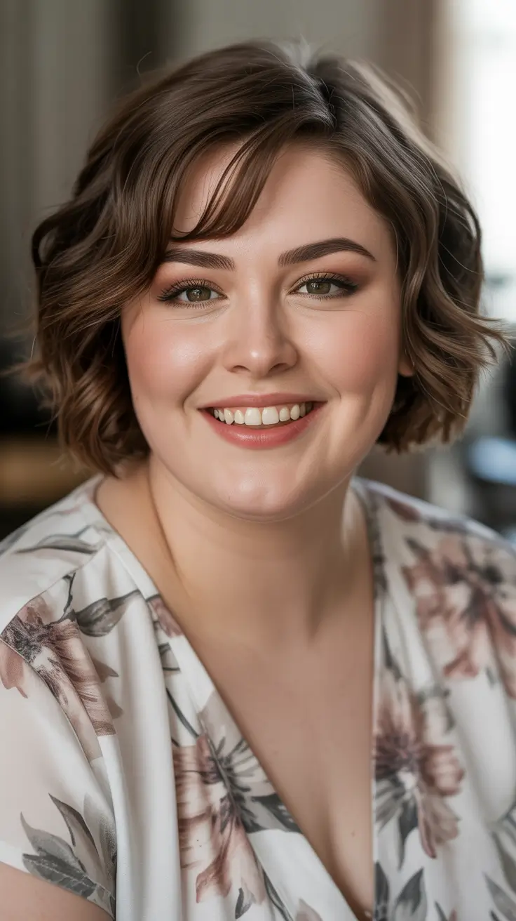 playful spring haircuts for chubby faces 2026 + Brunette Wavy Bob With Side Part And Soft Volume