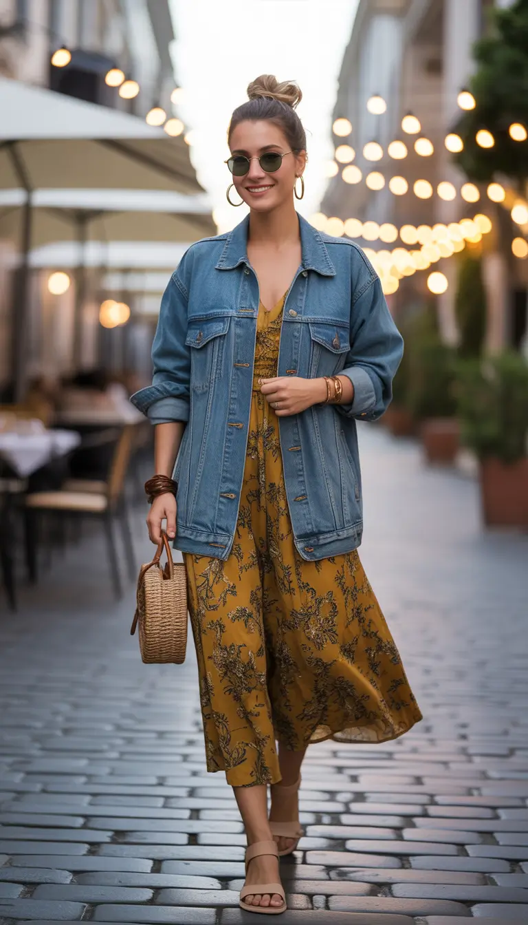 trendy spring jean jacket outfits 2026 + Oversized Denim Over A Mustard Print Dress For Warm Spring Nights