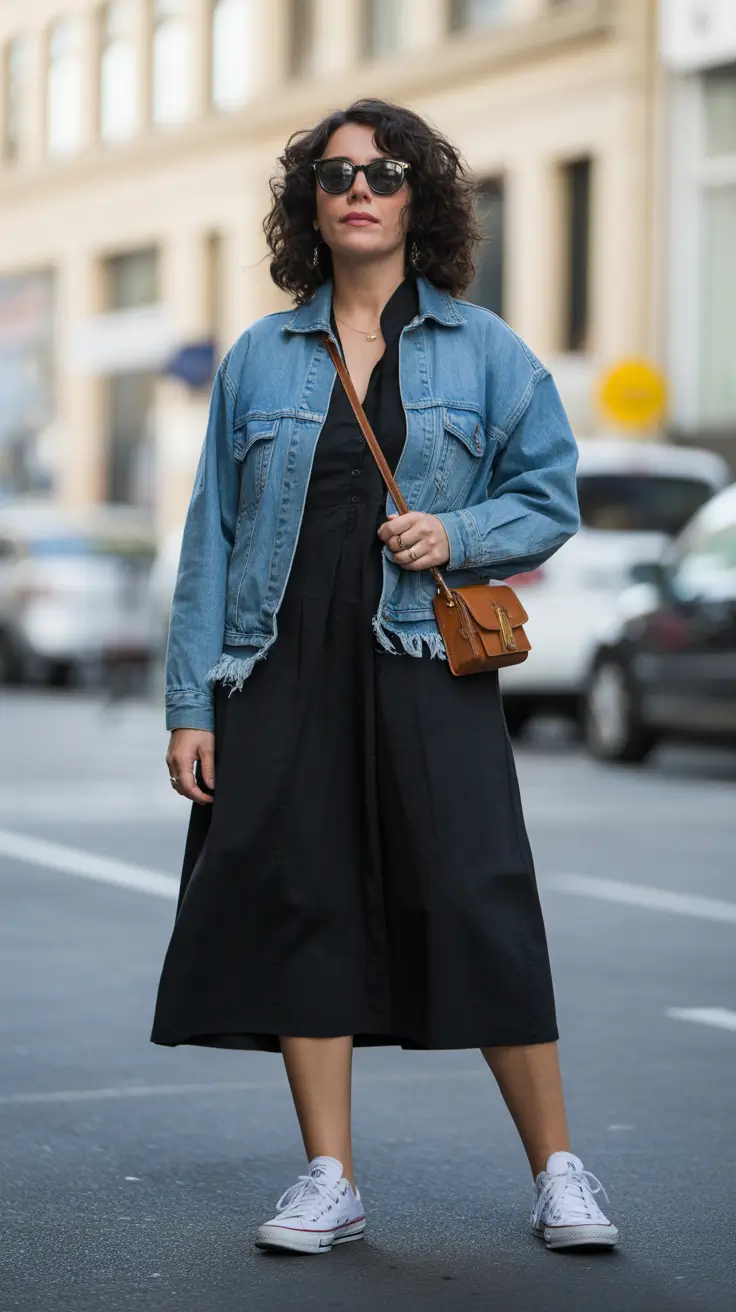 trendy spring jean jacket outfits 2026 + Black Dress With Denim For City-Cool Contrast