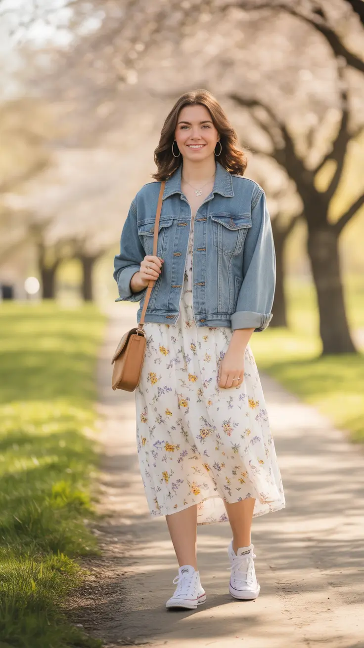 trendy spring jean jacket outfits 2026 + Soft Florals And Denim For A Sunny Spring Walk