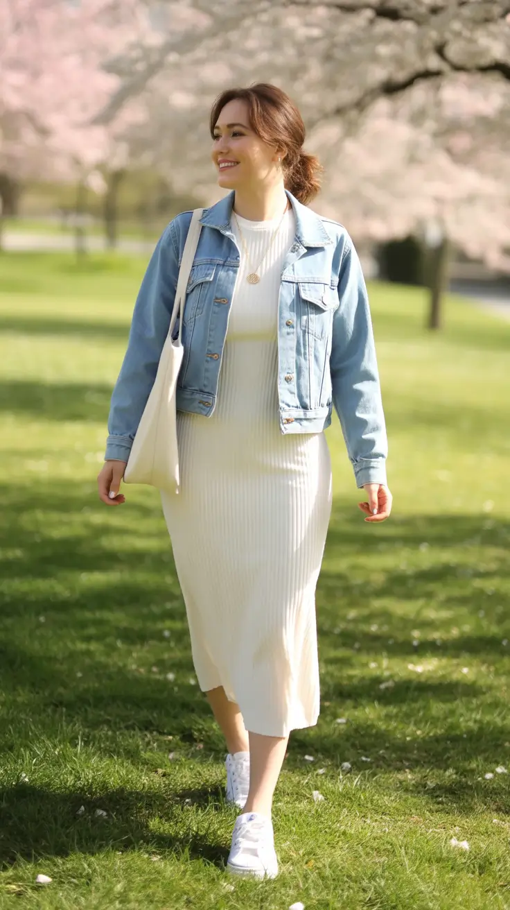 trendy spring jean jacket outfits 2026 + Clean White Knit With A Classic Denim Topper