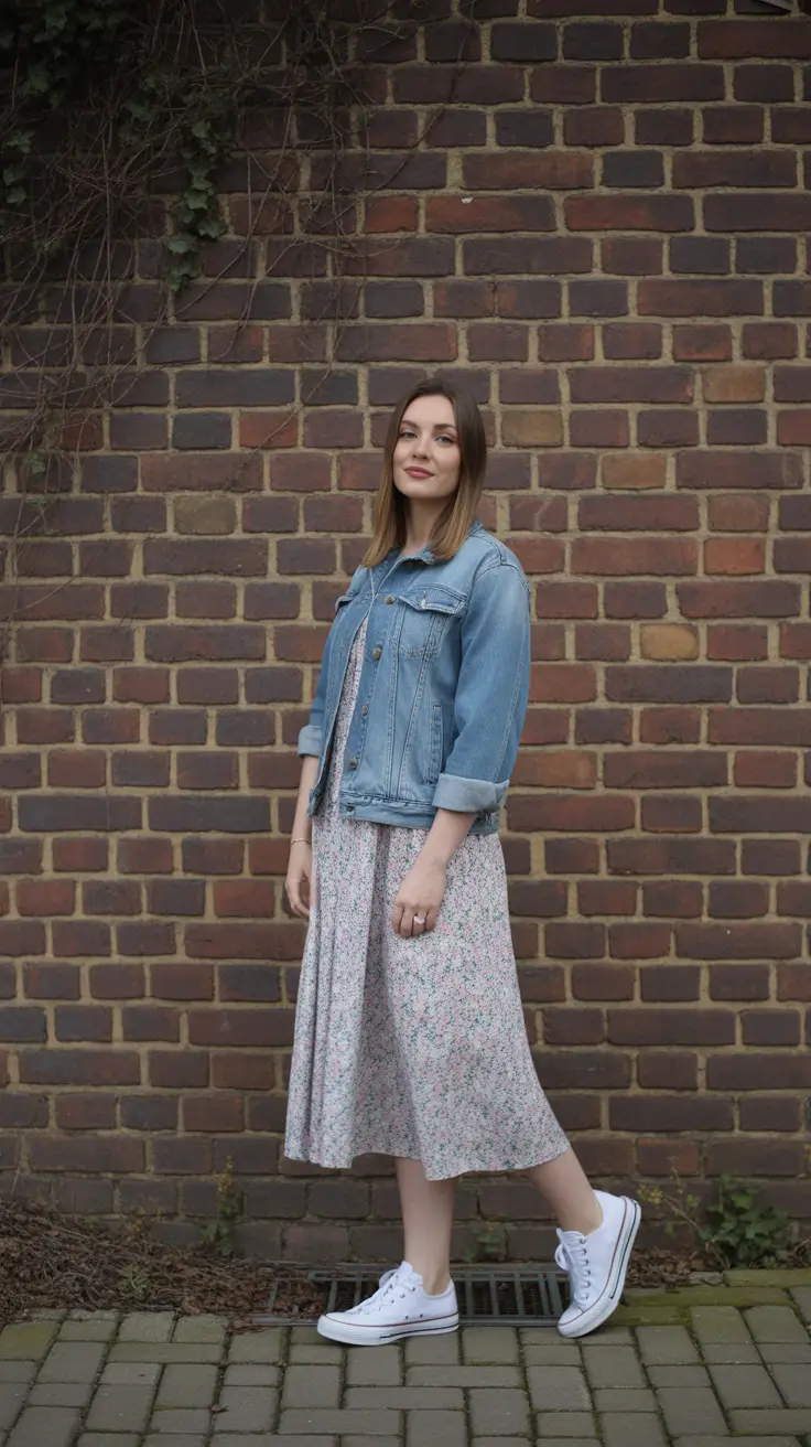 trendy spring jean jacket outfits 2026 + Brick Wall Romance With A Simple Denim Layer