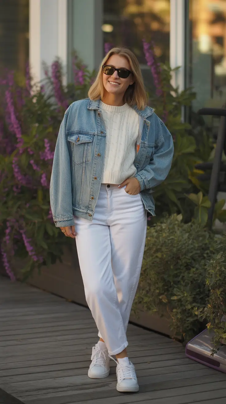 trendy spring jean jacket outfits 2026 + White Denim And Cable Knit For Crisp Springtime Light