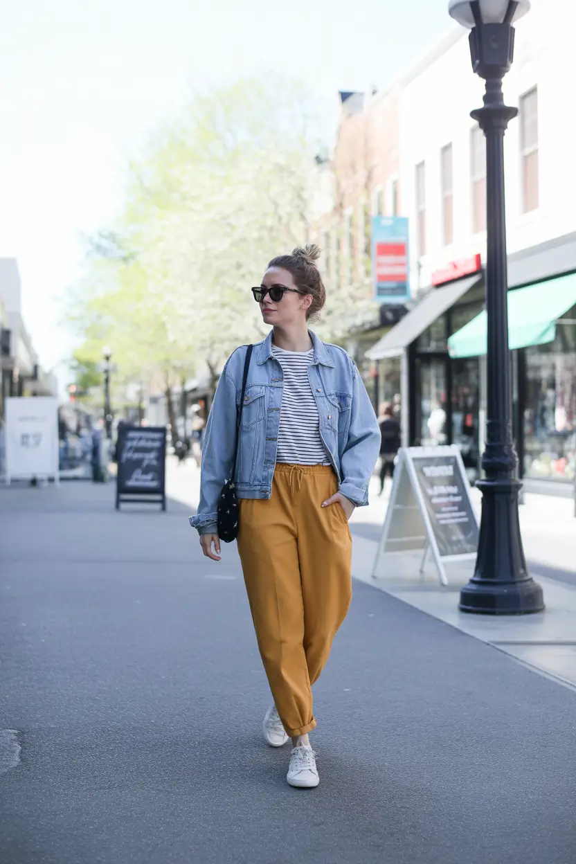 trendy spring jean jacket outfits 2026 + Stripes And Mustard Pants With A Downtown Denim Jacket