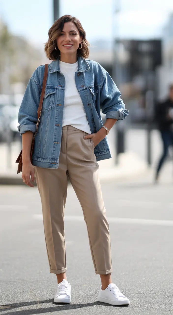 trendy spring jean jacket outfits 2026 + Work Casual Beige Trousers With A Blue Jean Jacket