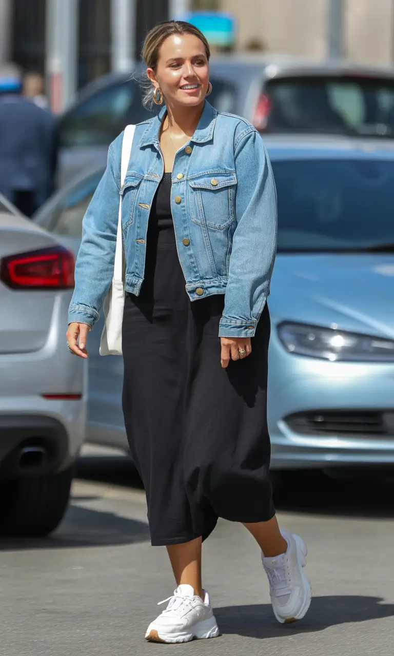 trendy spring jean jacket outfits 2026 + Cropped Denim Jacket Over A Black Dress For City Days