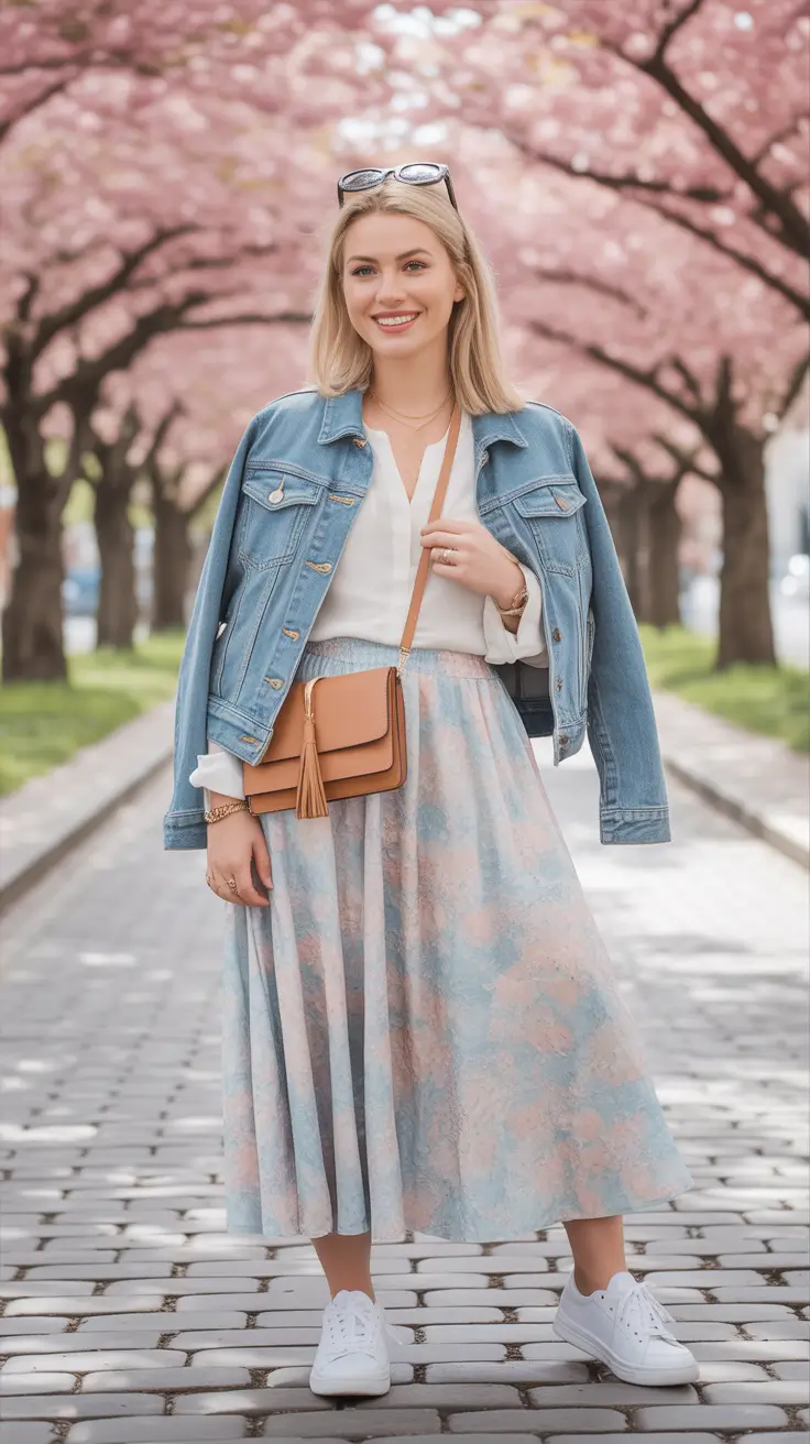 trendy spring jean jacket outfits 2026 + Cherry Blossom Pastels With A Classic Denim Layer