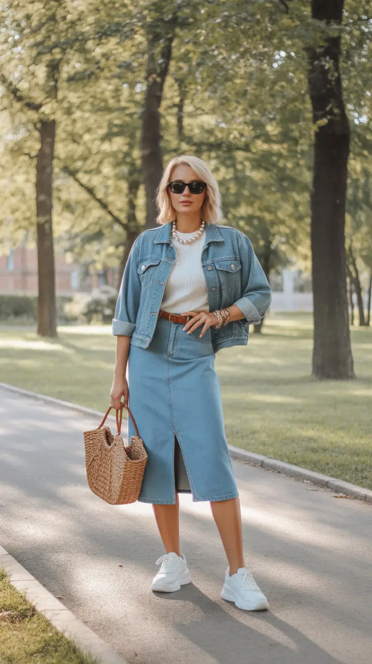 trendy spring jean jacket outfits 2026 + Double Denim With A Sporty Sneaker Twist