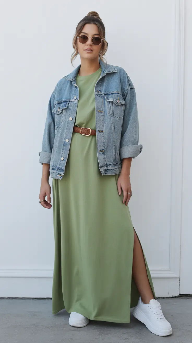 trendy spring jean jacket outfits 2026 + Minimal Green Maxi With Oversized Denim Cool