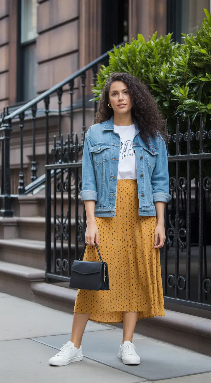 trendy spring jean jacket outfits 2026 + Mustard Midi Skirt And Denim For Downtown Days