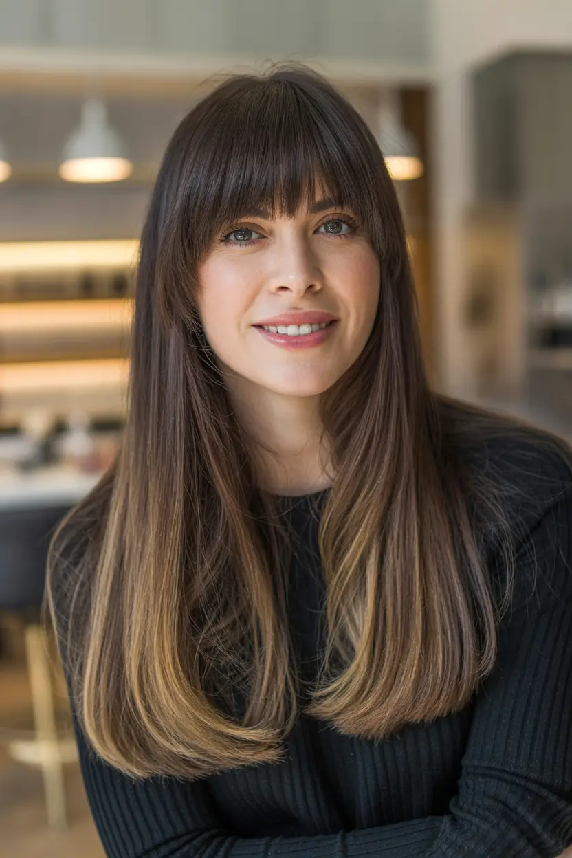 playful spring long haircuts trends 2026 Soft Brunette Length With Light Spring Bangs