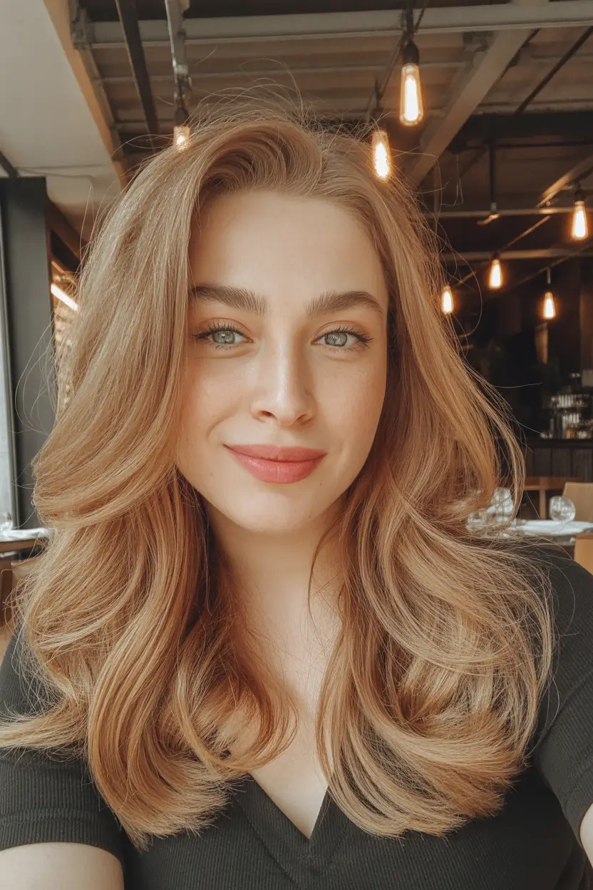 spring long haircuts Golden Apricot Blowout - Soft Volume Revival