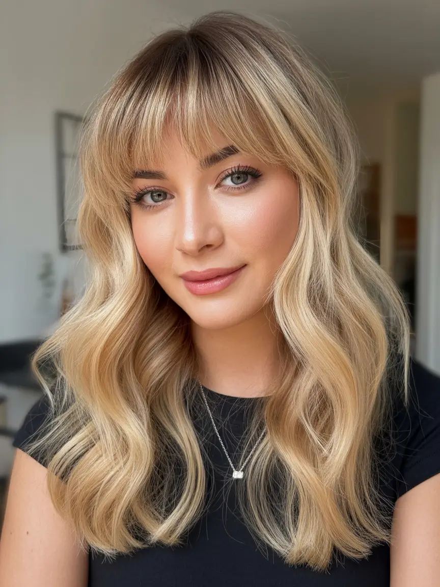 spring long haircuts Champagne Waves With Textured Fringe - Playful Spring Energy