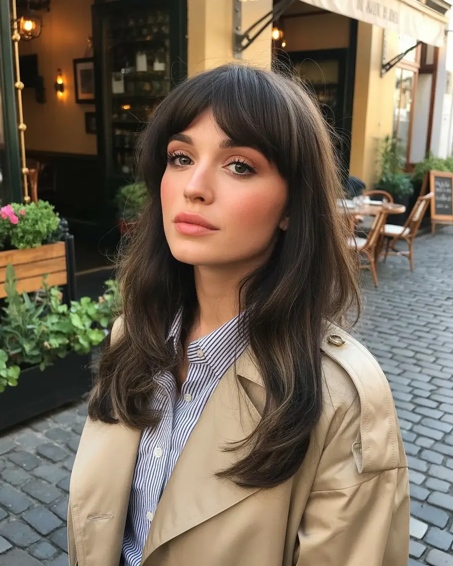 playful spring long haircuts trends 2026 Airy Brunette Layers With Soft Curtain Bangs