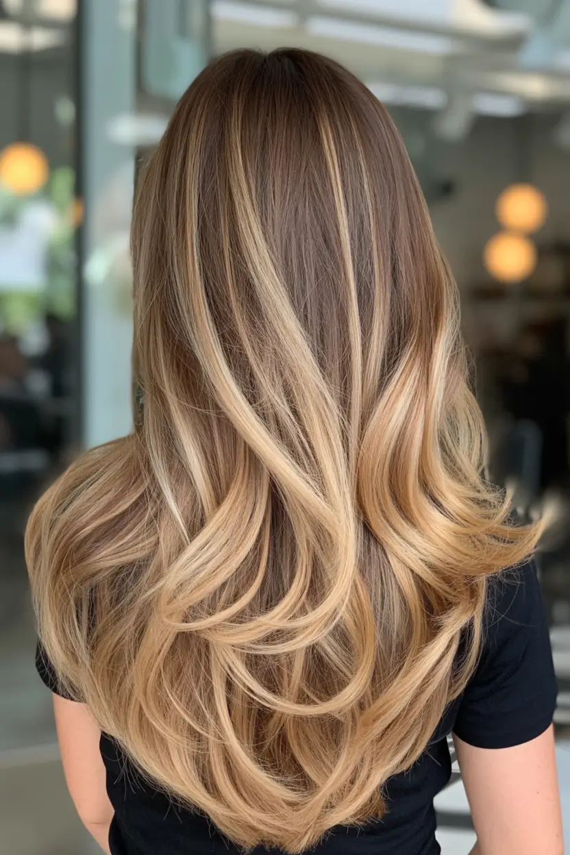spring long haircuts Caramel Ribbon Balayage - Dimensional Brunette Glow