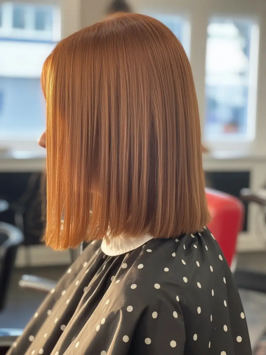 casual spring mid length haircuts 2026 Polished Copper Blunt With Glossy Precision