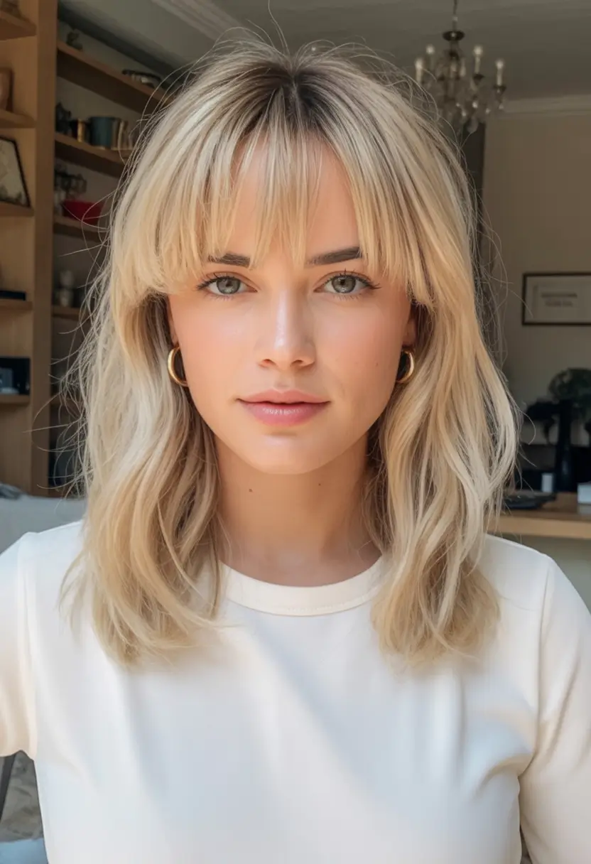 casual spring mid length haircuts 2026 Layered Blonde Shag With Airy Bangs