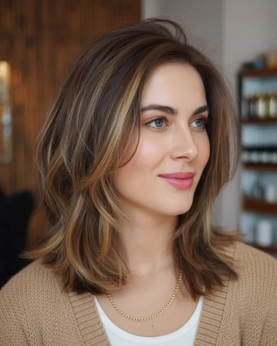 casual spring mid length haircuts 2026 Feathered Caramel Layers With Natural Lift