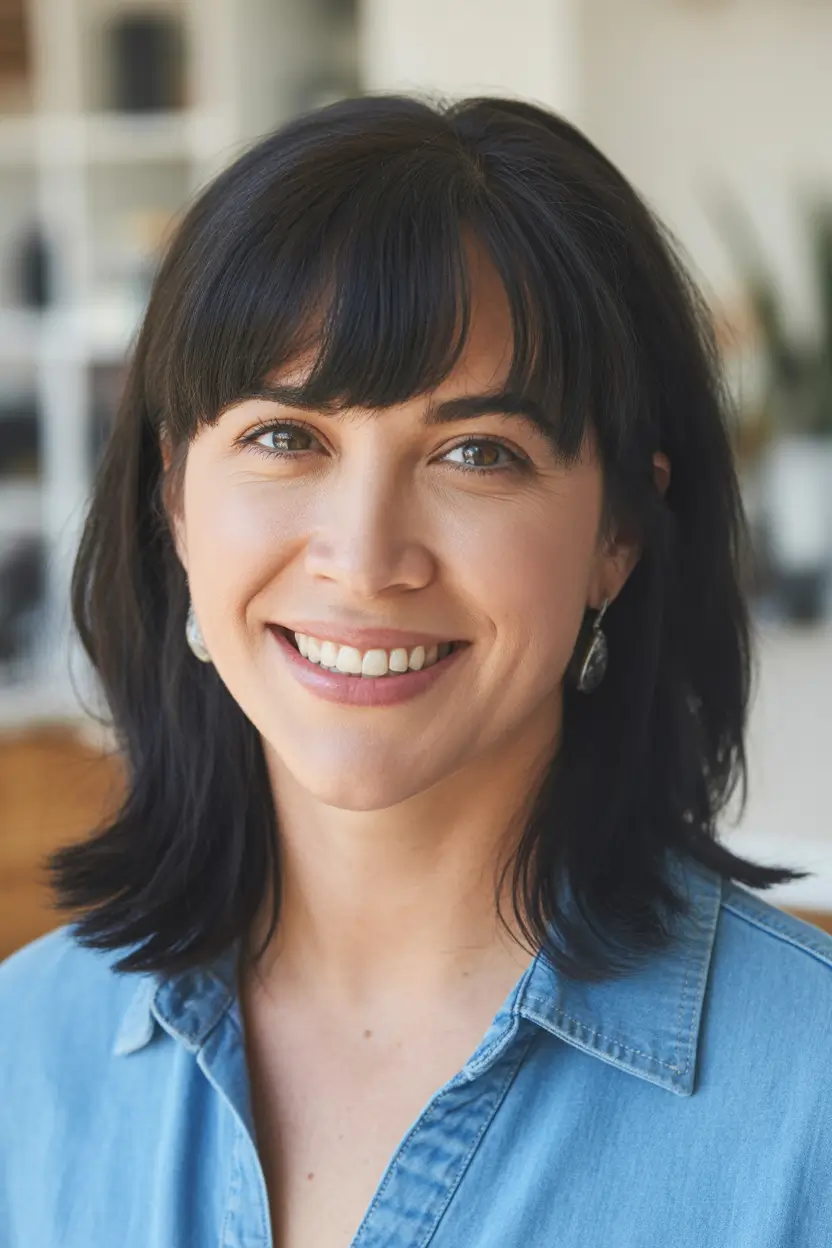 casual spring mid length haircuts 2026 Soft Black Mid Length With Classic Bangs