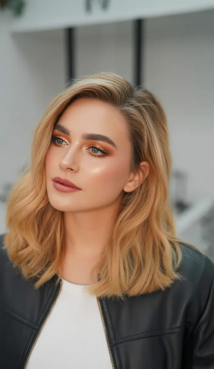 casual spring mid length haircuts 2026 Golden Blonde Textured Lob With Side Sweep