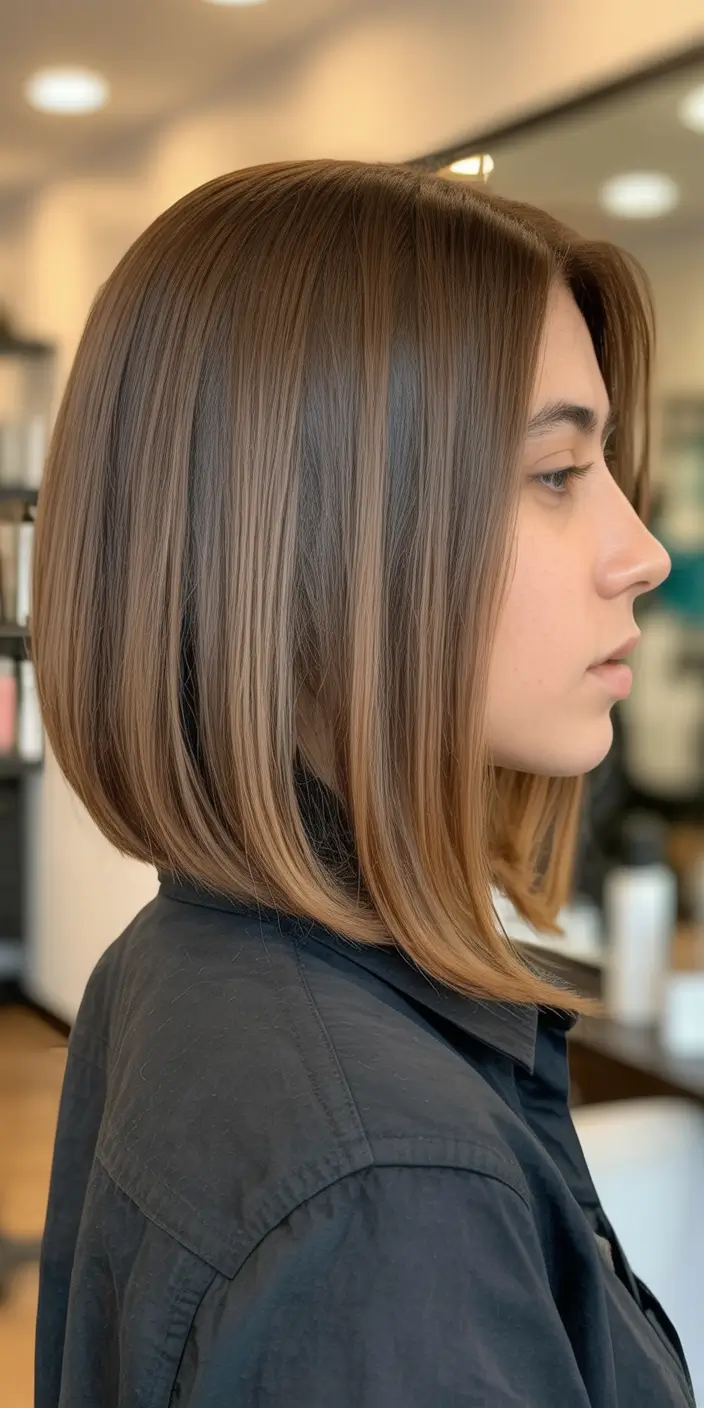 casual spring mid length haircuts 2026 Sleek Precision Bob With Subtle Warmth