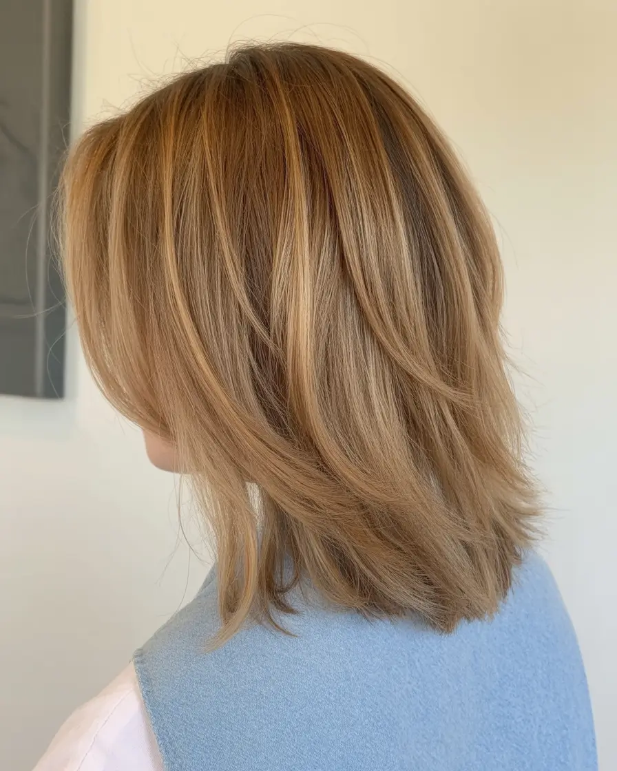 casual spring mid length haircuts 2026 Layered Honey Blonde With Feathered Ends