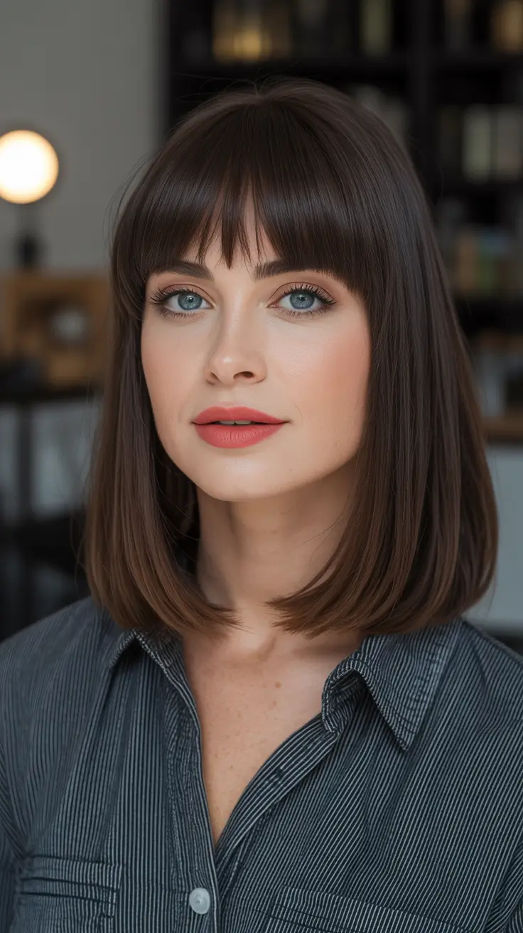 casual spring mid length haircuts 2026 Sleek Brunette Lob With Blunt Bangs