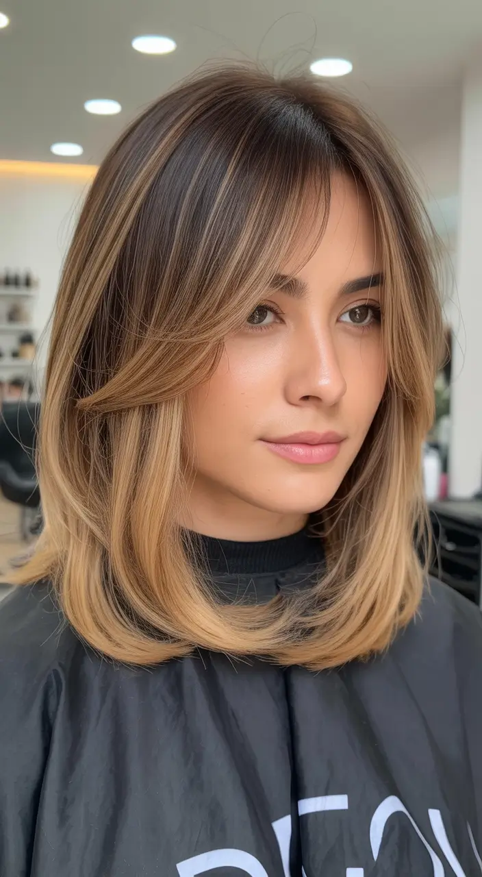 casual spring mid length haircuts 2026 Layered Honey Bronde With Soft Curtain Flow