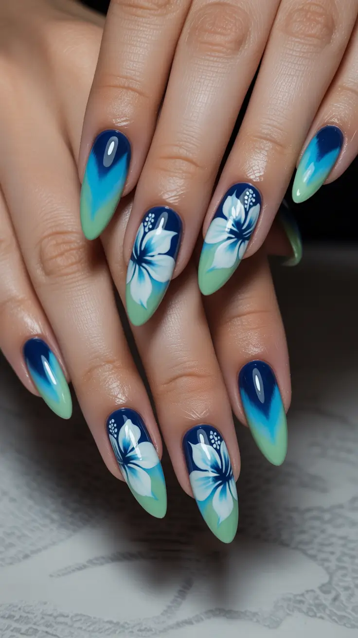 vibrant spring nail art 2026 Ocean Fade With White Petal Waves