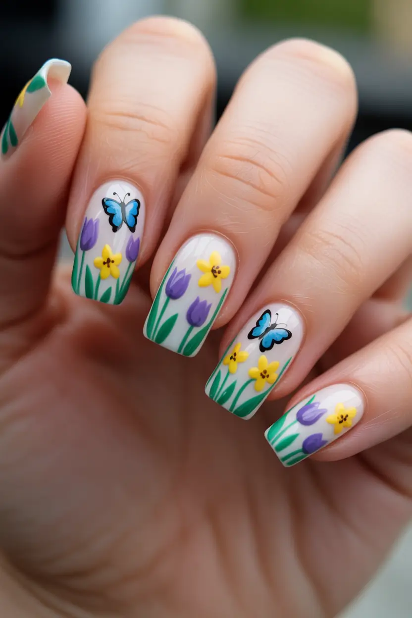 vibrant spring nail art 2026 - Butterfly Garden On Soft Spring Squares