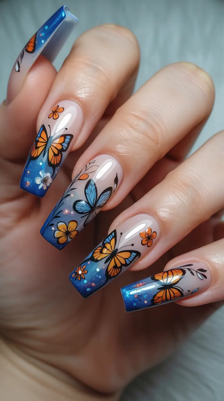 vibrant spring nail art 2026 - Deep Blue Flutter With Sunset Butterflies