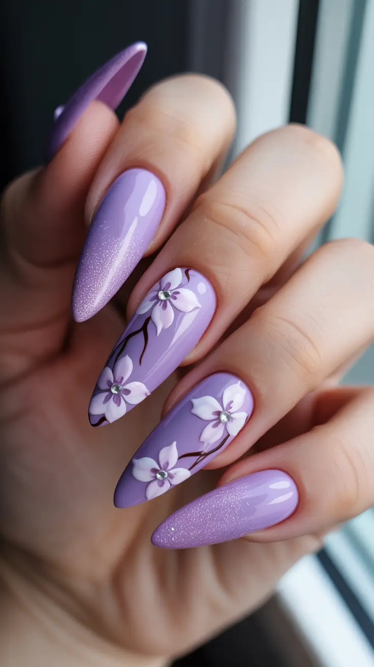 vibrant spring nail art 2026 - Lavender Blossoms With A Soft Sparkle