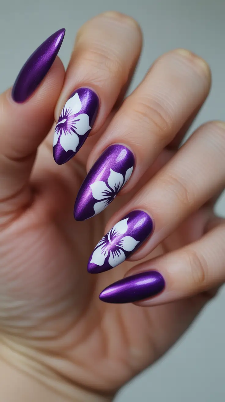vibrant spring nail art 2026 - Bold Violet Satin With White Petals