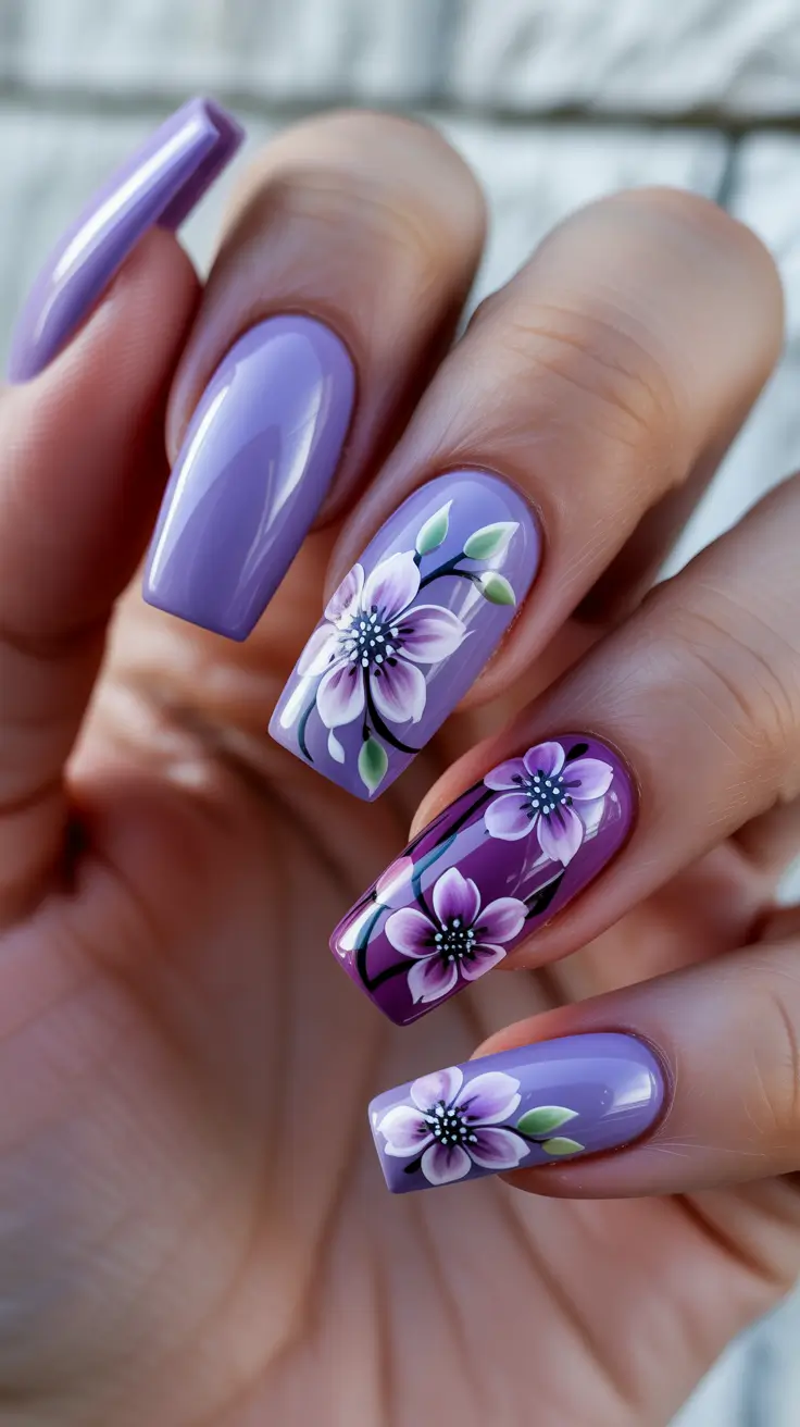 vibrant spring nail art 2026 Lavender Petals On Dual-Purple Gloss