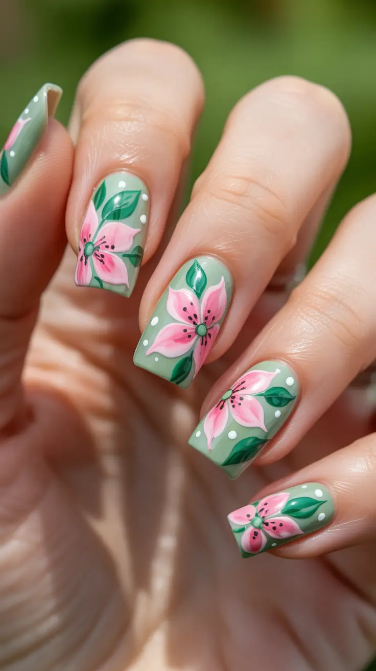 vibrant spring nail art 2026 Pastel Pink Blooms On Soft Sage