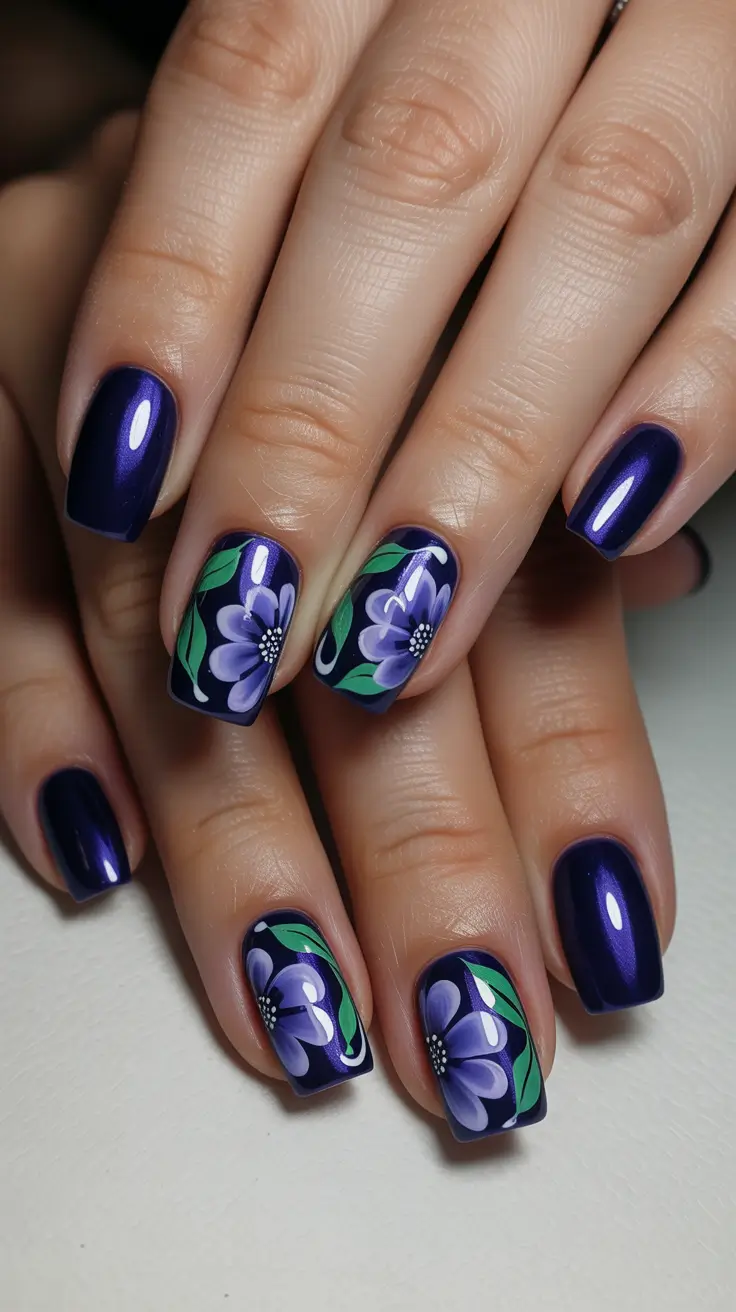 vibrant spring nail art 2026 Deep Violet Florals On Glossy Navy
