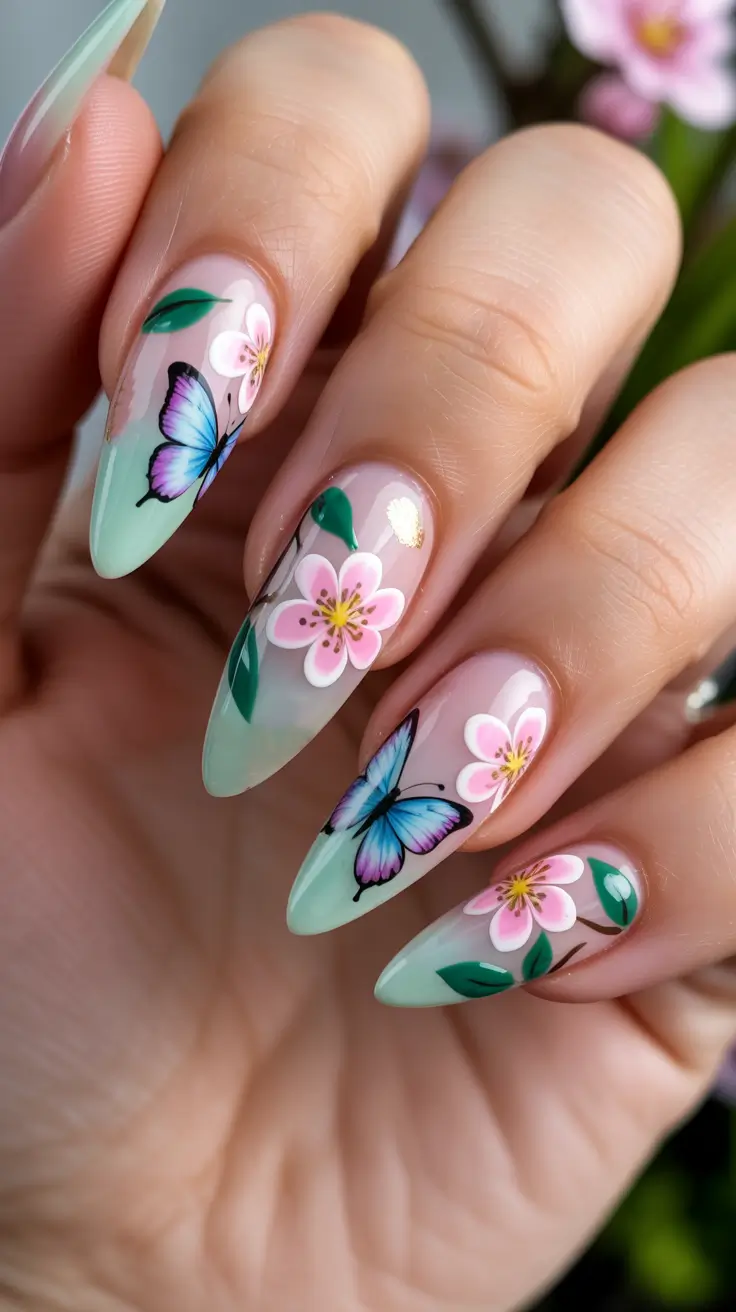 vibrant spring nail art 2026 - Mint Petals And Butterfly Whispers