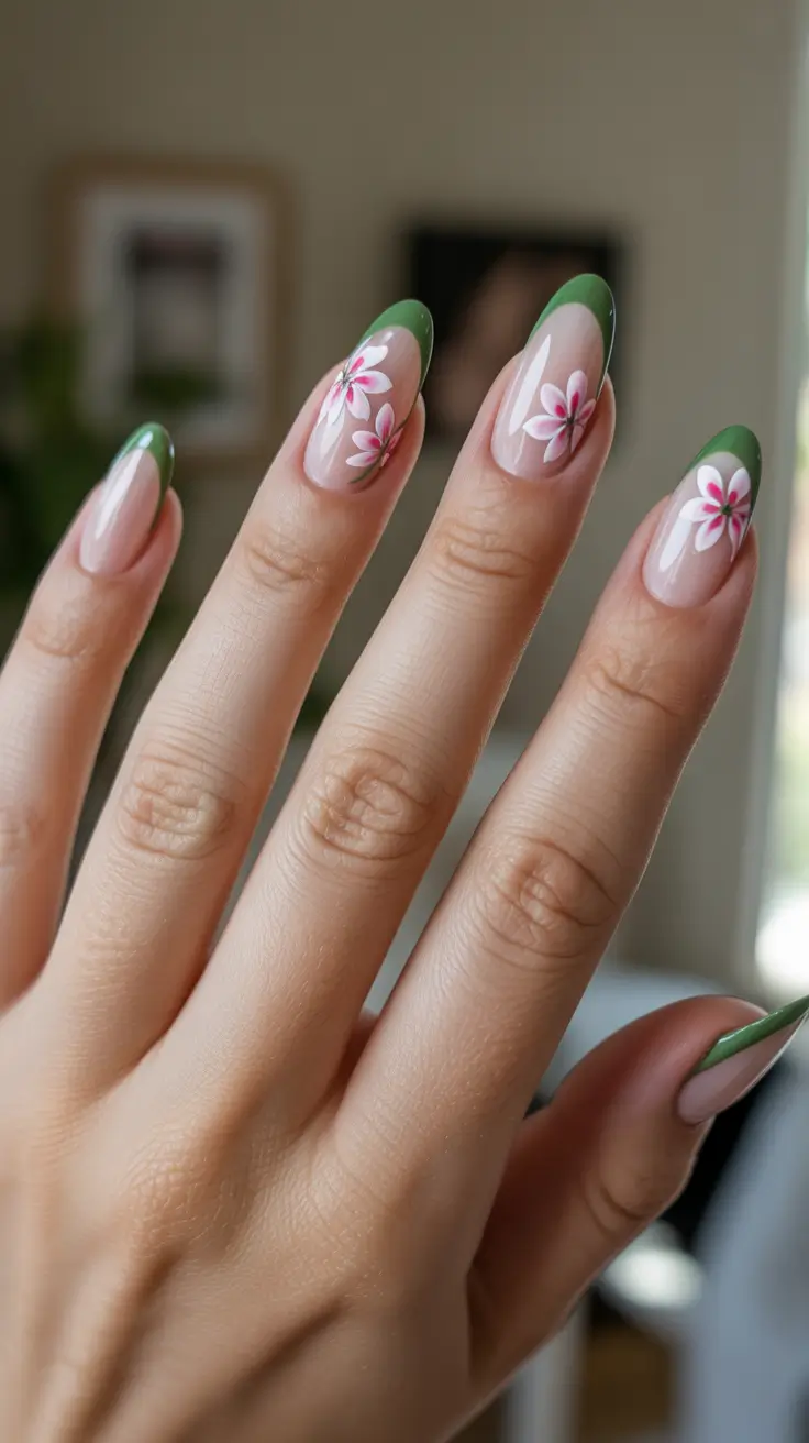 vibrant spring nail art 2026 Soft Green French Tips With Pink Blossoms
