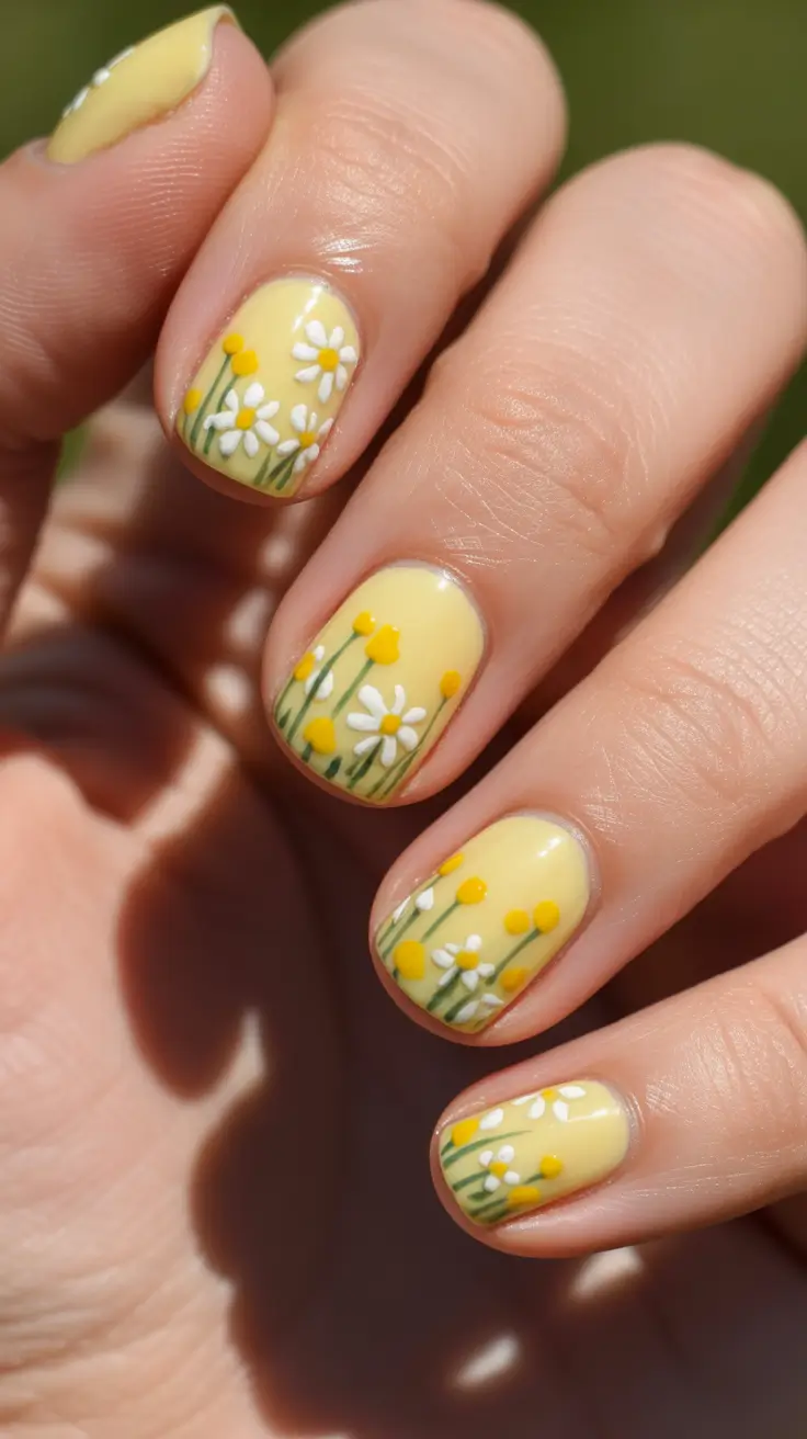 vibrant spring nail art 2026 - Sunny Meadow Blooms On Yellow