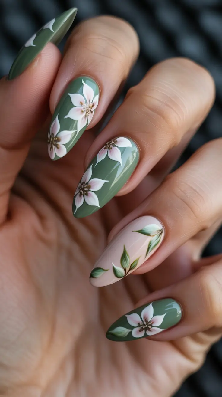 vibrant spring nail art 2026 Soft Botanical Florals On Sage Green