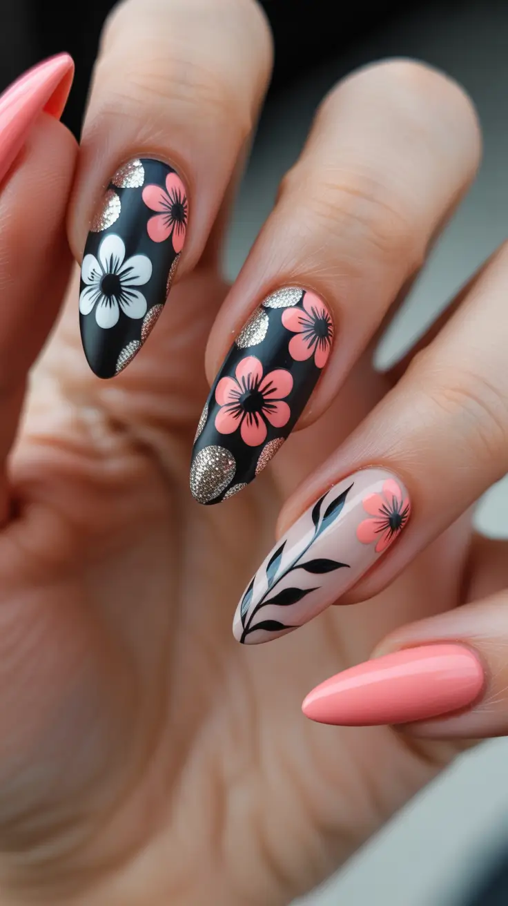 vibrant spring nail art 2026 Coral Blossoms On Black Matte