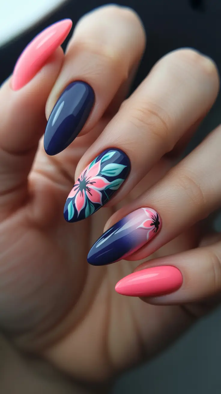 vibrant spring nail art 2026 Midnight Blue With Tropical Florals