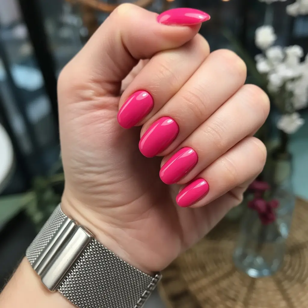 must-try spring nail colors 2026 Hot Pink Glossy Ovals