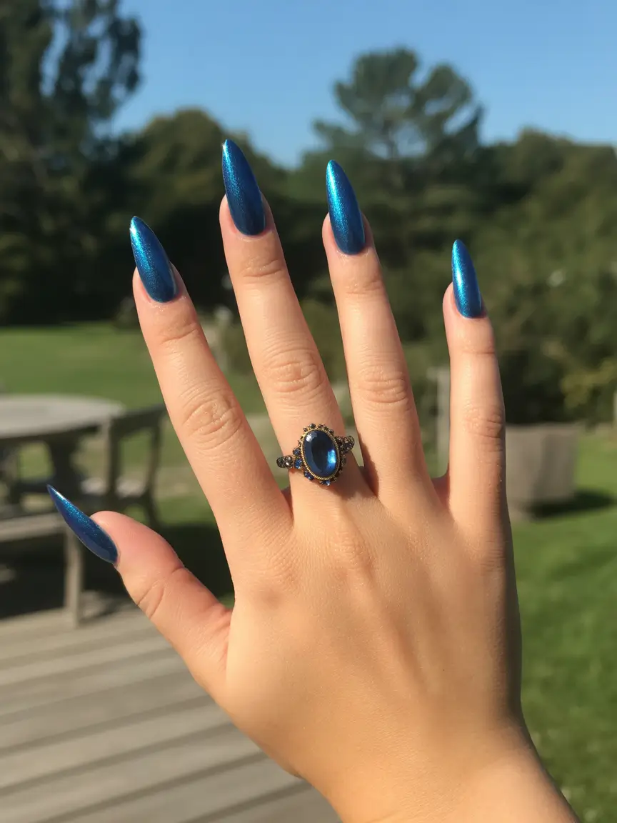 must-try spring nail colors 2026 Metallic Ocean Stiletto