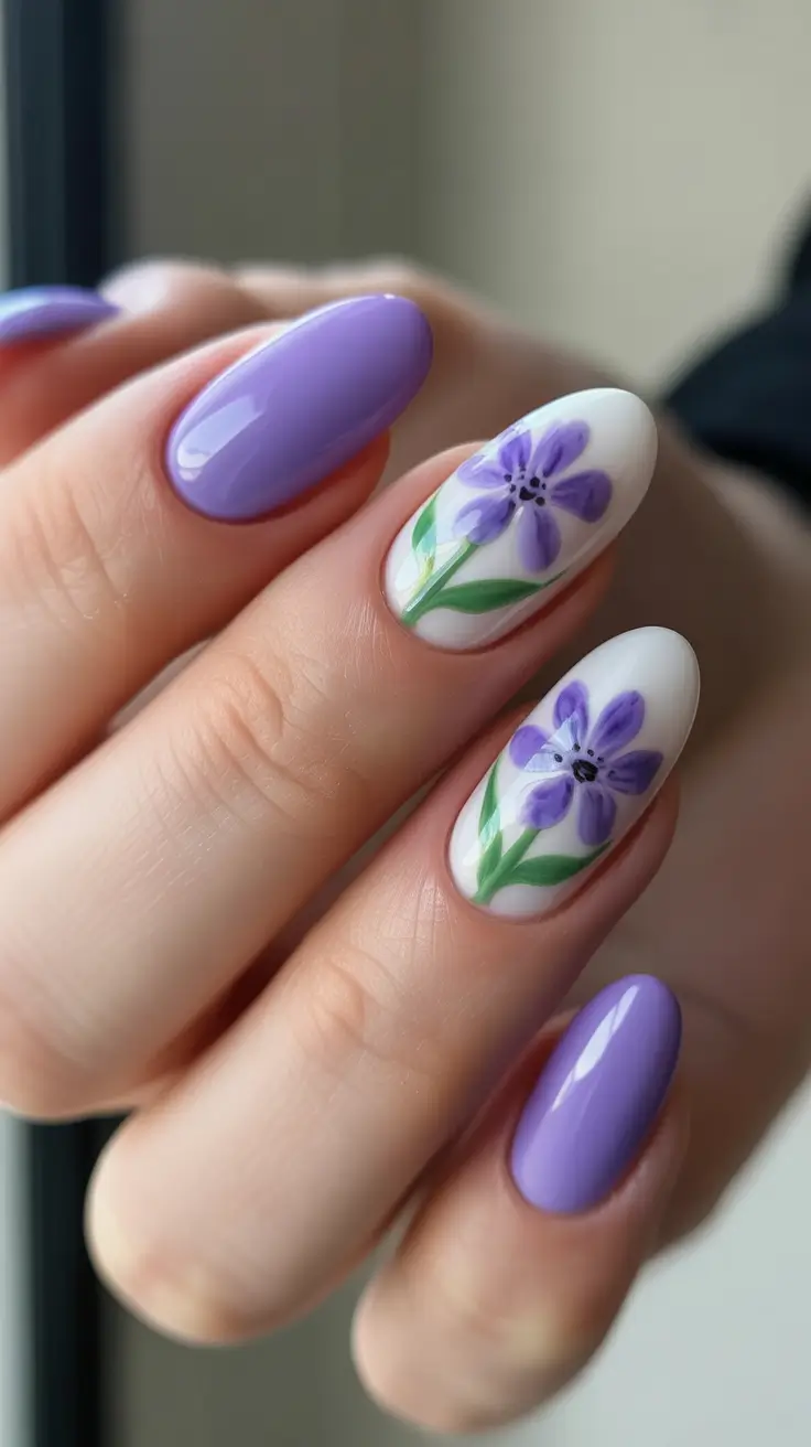 dreamy spring nail design 2026 Soft Lavender Flowers On Almond Tips
