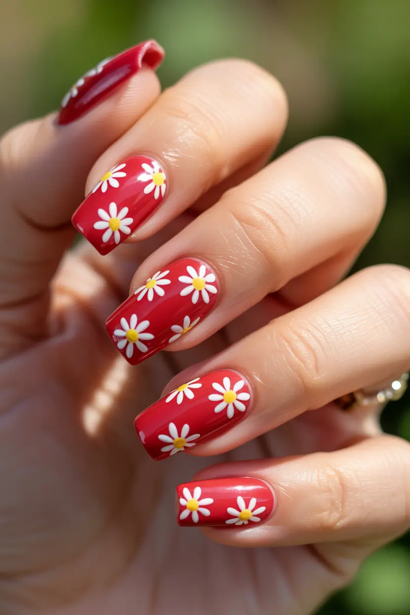 dreamy spring nail design 2026 Bold Red Daisy Charm For A Playful Spring Look